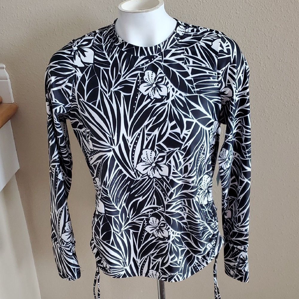 Womens Sol Borne Floral Black & White Rash Guard Swim Shirt Top Size Medium NWT